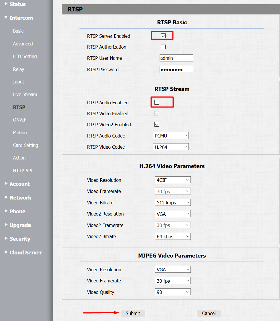 RTSP server configuration