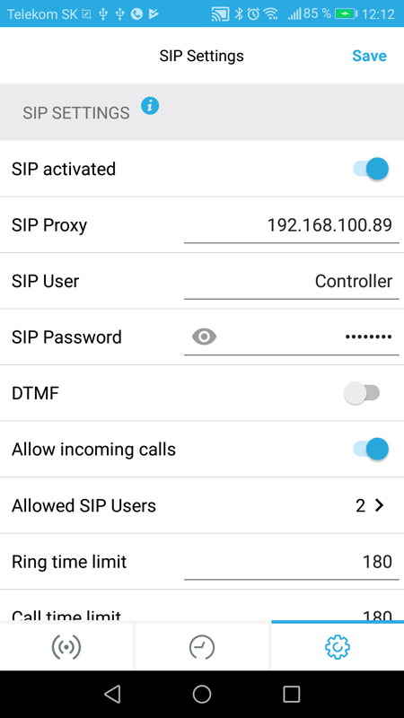 SIP Settings Screenshot